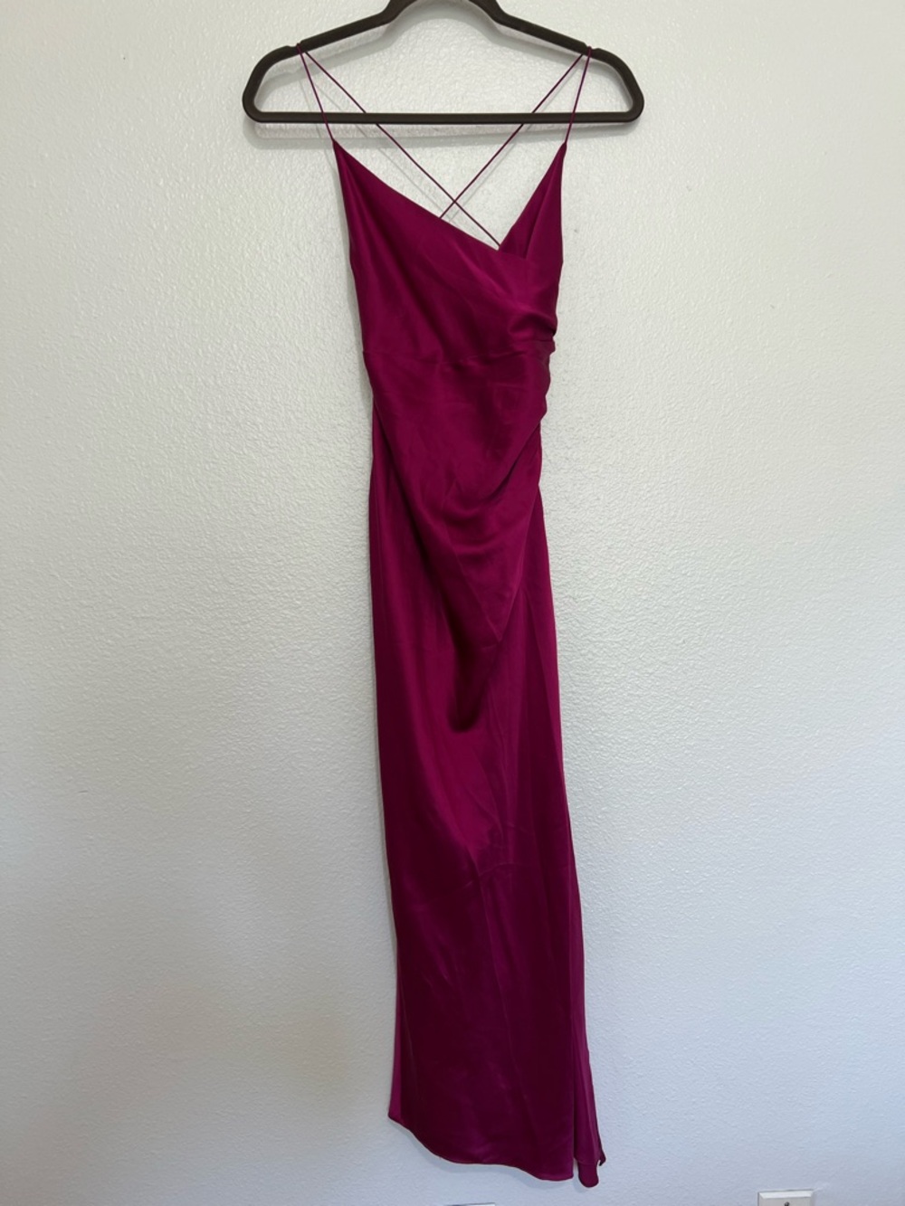 Magenta Satin Maxi Slip Dress with Delicate Crisscross Straps